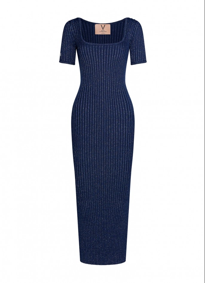 RIBBED KNIT SHORT-SLEEVE MIDI DRESS - METALLIC NAVY